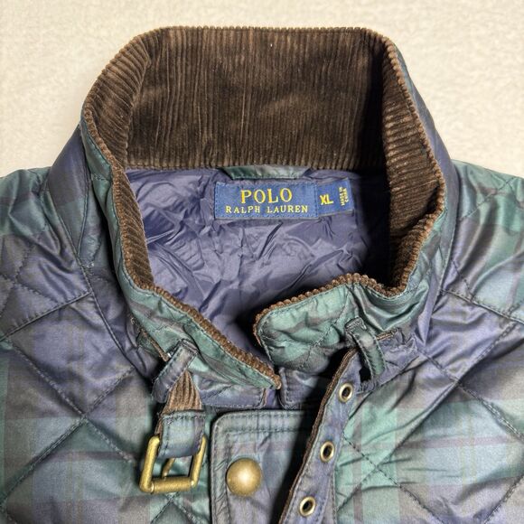 Polo Ralph Lauren Mens Quilted Vest Size XL Green Plaid Corduroy Collar Puffer - Picture 2 of 9